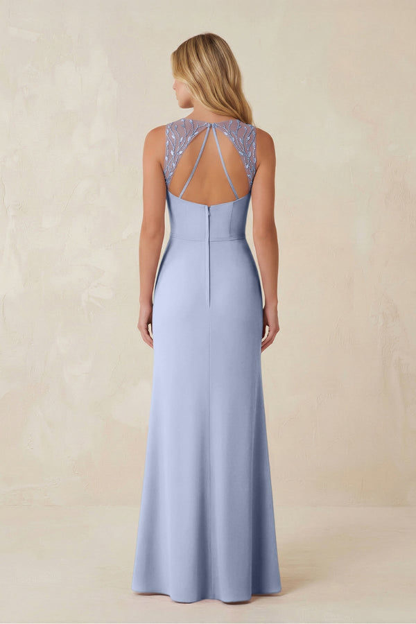 Round Neck Sheath Chiffon Appliqued Bridesmaid Dress in Ice - KissProm Bridesmaid Dresses