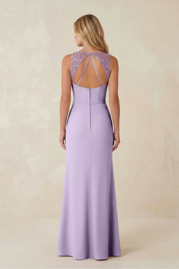 Round Neck Sheath Chiffon Appliqued Bridesmaid Dress in Lavender - KissProm Bridesmaid Dresses