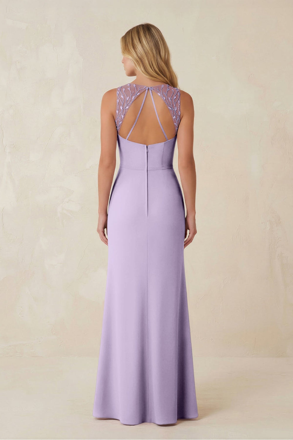 Round Neck Sheath Chiffon Appliqued Bridesmaid Dress in Lavender - KissProm Bridesmaid Dresses