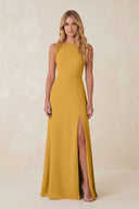 Round Neck Sheath Chiffon Appliqued Bridesmaid Dress in Marigold - KissProm Bridesmaid Dresses