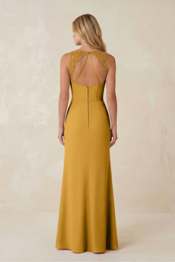 Round Neck Sheath Chiffon Appliqued Bridesmaid Dress in Marigold - KissProm Bridesmaid Dresses