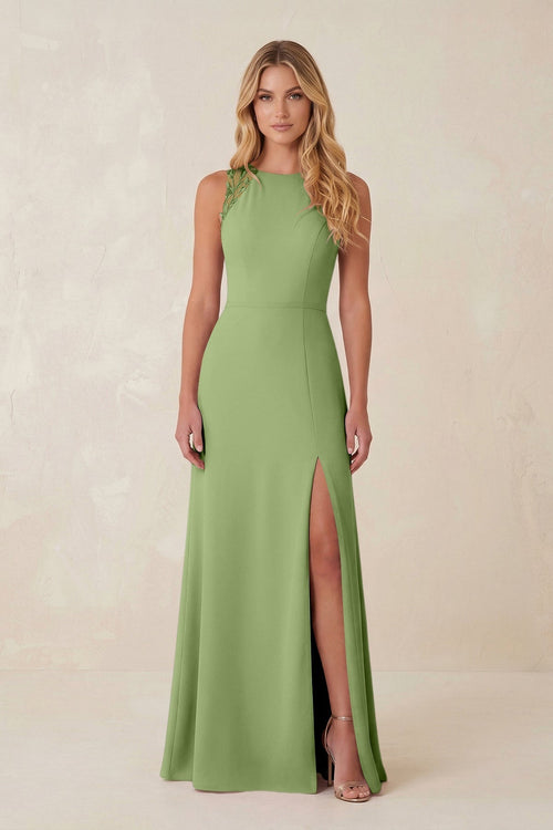 Round Neck Sheath Chiffon Appliqued Bridesmaid Dress in Matcha - KissProm Bridesmaid Dresses
