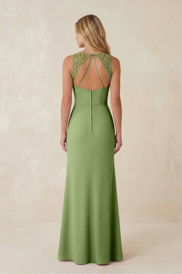 Round Neck Sheath Chiffon Appliqued Bridesmaid Dress in Matcha - KissProm Bridesmaid Dresses