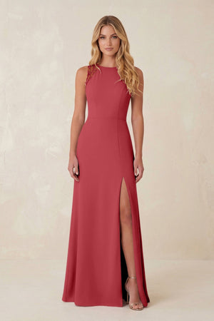 Round Neck Sheath Chiffon Appliqued Bridesmaid Dress in Merlot - KissProm Bridesmaid Dresses