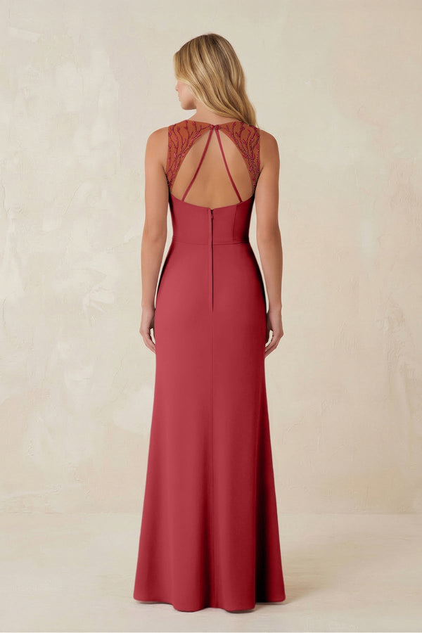 Round Neck Sheath Chiffon Appliqued Bridesmaid Dress in Merlot - KissProm Bridesmaid Dresses