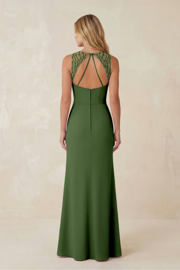 Round Neck Sheath Chiffon Appliqued Bridesmaid Dress in Moss - KissProm Bridesmaid Dresses