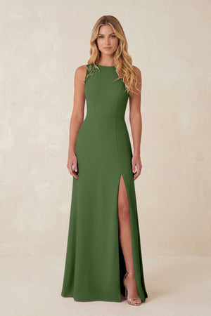 Round Neck Sheath Chiffon Appliqued Bridesmaid Dress in Moss - KissProm Bridesmaid Dresses