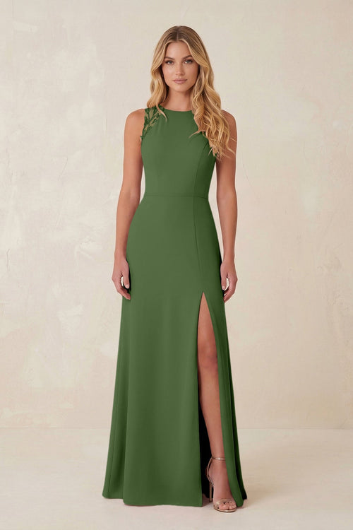 Round Neck Sheath Chiffon Appliqued Bridesmaid Dress in Moss - KissProm Bridesmaid Dresses