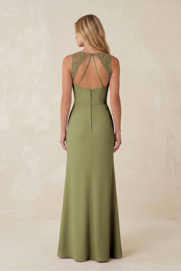Round Neck Sheath Chiffon Appliqued Bridesmaid Dress in Moss Green - KissProm Bridesmaid Dresses