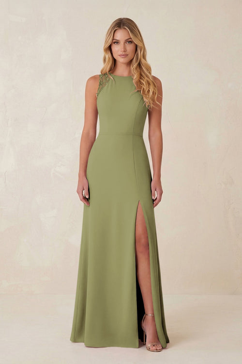 Round Neck Sheath Chiffon Appliqued Bridesmaid Dress in Moss Green - KissProm Bridesmaid Dresses