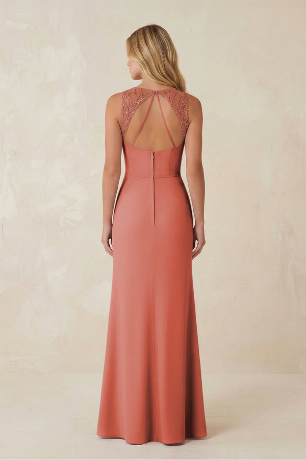 Round Neck Sheath Chiffon Appliqued Bridesmaid Dress in Mulberry - KissProm Bridesmaid Dresses