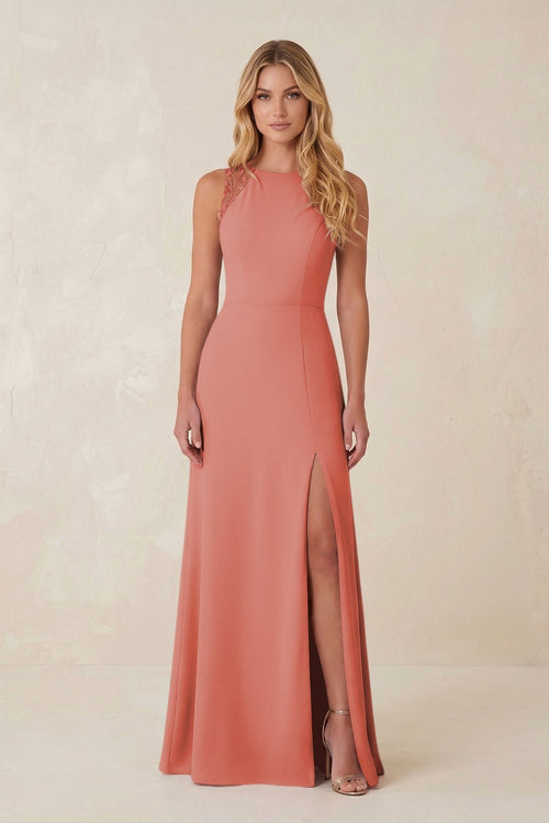 Round Neck Sheath Chiffon Appliqued Bridesmaid Dress in Mulberry - KissProm Bridesmaid Dresses
