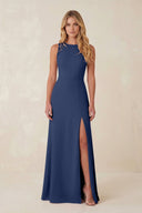 Round Neck Sheath Chiffon Appliqued Bridesmaid Dress in Navy - KissProm Bridesmaid Dresses