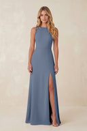 Round Neck Sheath Chiffon Appliqued Bridesmaid Dress in Neptune - KissProm Bridesmaid Dresses