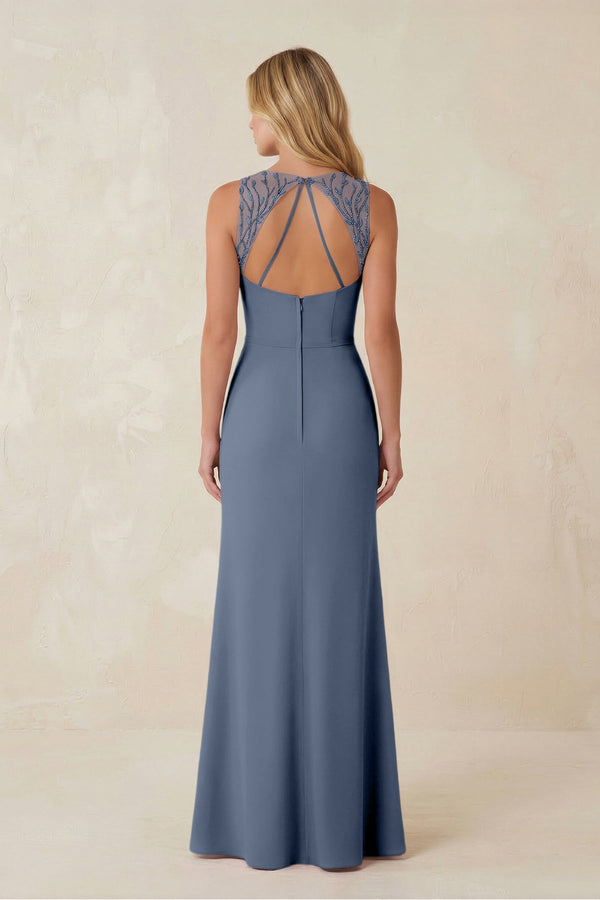 Round Neck Sheath Chiffon Appliqued Bridesmaid Dress in Neptune - KissProm Bridesmaid Dresses