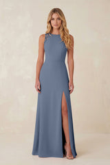 Round Neck Sheath Chiffon Appliqued Bridesmaid Dress in Neptune - KissProm Bridesmaid Dresses