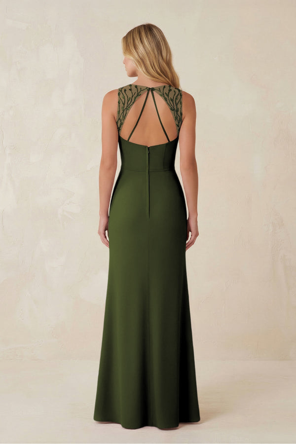 Round Neck Sheath Chiffon Appliqued Bridesmaid Dress in Olive - KissProm Bridesmaid Dresses