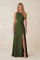 Round Neck Sheath Chiffon Appliqued Bridesmaid Dress in Olive - KissProm Bridesmaid Dresses