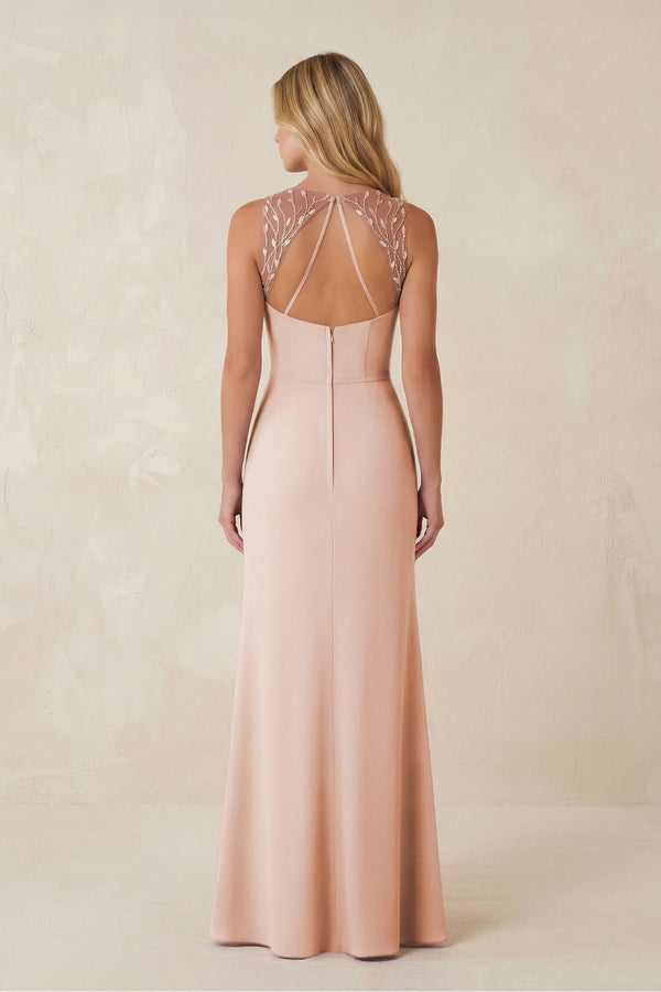 Round Neck Sheath Chiffon Appliqued Bridesmaid Dress in Pale Blush - KissProm Bridesmaid Dresses