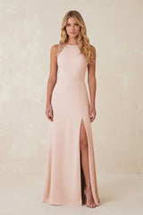 Round Neck Sheath Chiffon Appliqued Bridesmaid Dress in Pale Blush - KissProm Bridesmaid Dresses