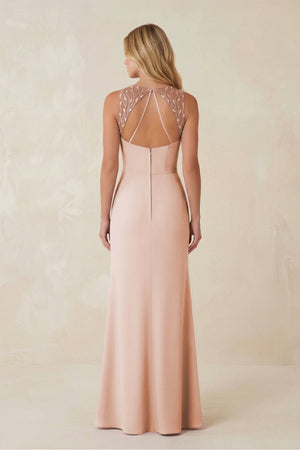 Round Neck Sheath Chiffon Appliqued Bridesmaid Dress in Pale Blush - KissProm Bridesmaid Dresses