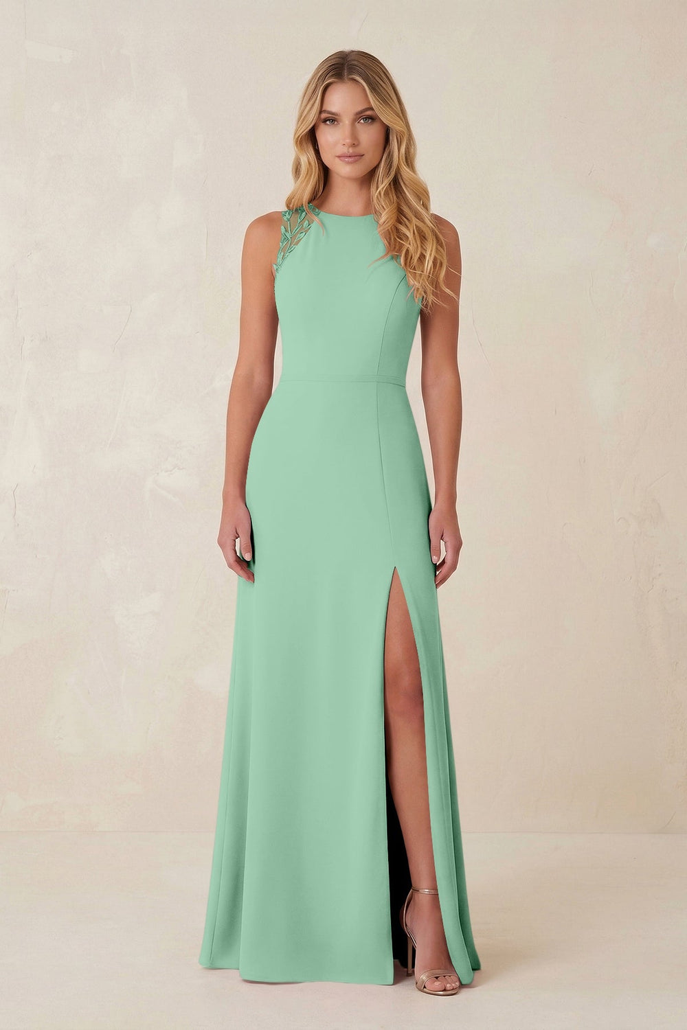 Round Neck Sheath Chiffon Appliqued Bridesmaid Dress in Pale Pistachio - KissProm Bridesmaid Dresses