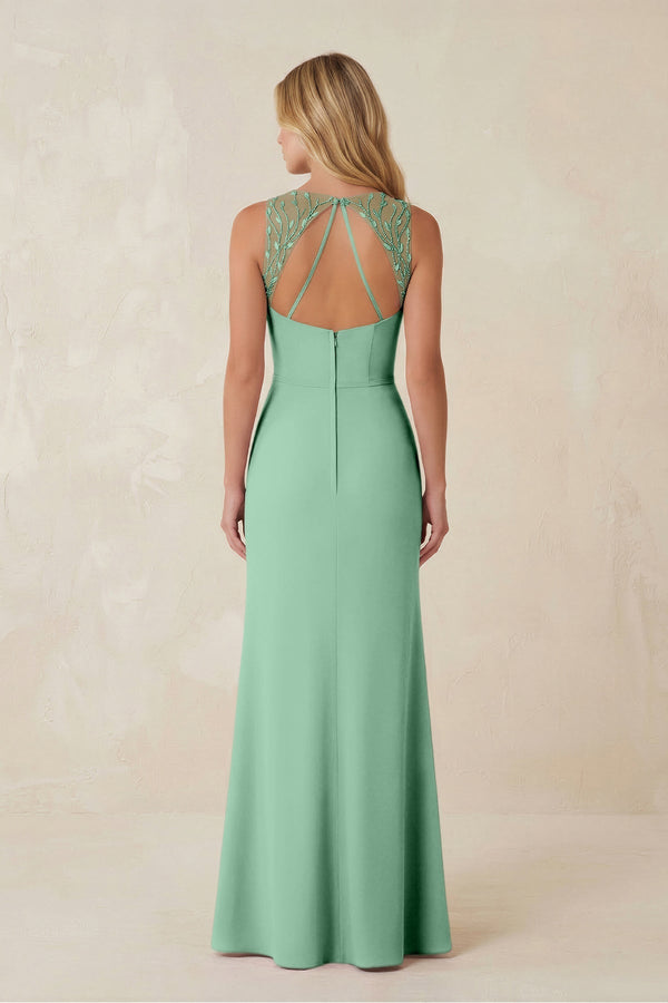 Round Neck Sheath Chiffon Appliqued Bridesmaid Dress in Pale Pistachio - KissProm Bridesmaid Dresses