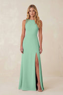 Round Neck Sheath Chiffon Appliqued Bridesmaid Dress in Pale Pistachio - KissProm Bridesmaid Dresses