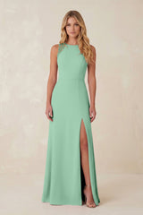 Round Neck Sheath Chiffon Appliqued Bridesmaid Dress in Pale Pistachio - KissProm Bridesmaid Dresses