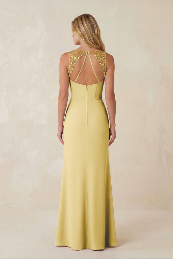 Round Neck Sheath Chiffon Appliqued Bridesmaid Dress in Pastel Yellow - KissProm Bridesmaid Dresses