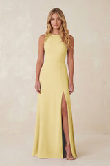 Round Neck Sheath Chiffon Appliqued Bridesmaid Dress in Pastel Yellow - KissProm Bridesmaid Dresses