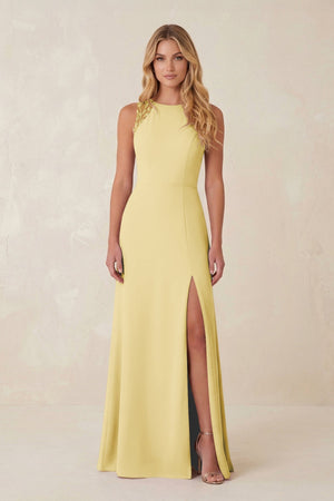 Round Neck Sheath Chiffon Appliqued Bridesmaid Dress in Pastel Yellow - KissProm Bridesmaid Dresses