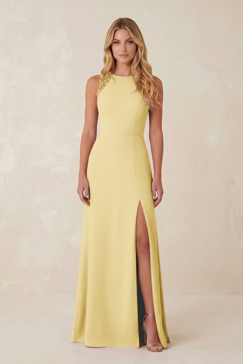 Round Neck Sheath Chiffon Appliqued Bridesmaid Dress in Pastel Yellow - KissProm Bridesmaid Dresses