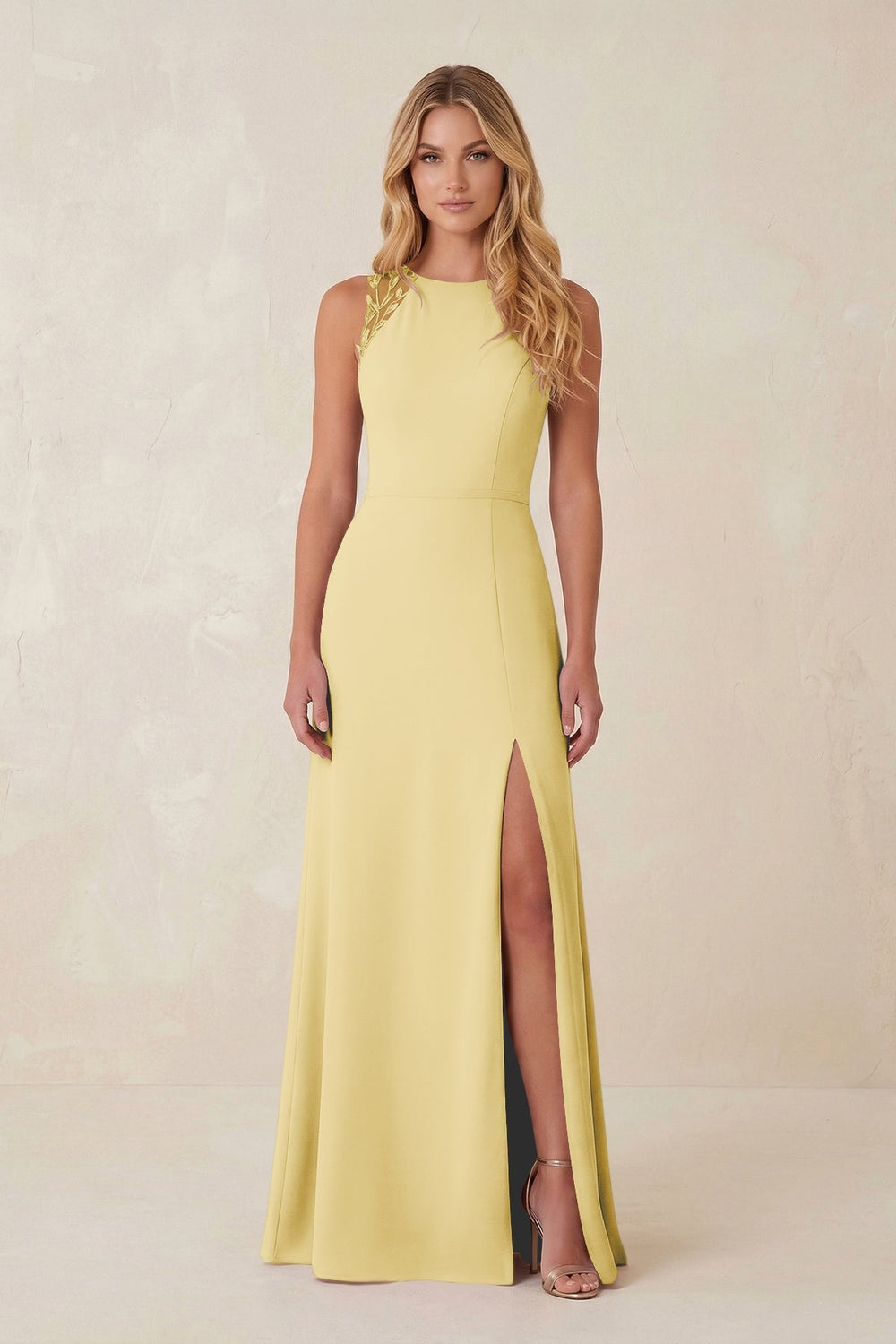 Round Neck Sheath Chiffon Appliqued Bridesmaid Dress in Pastel Yellow - KissProm Bridesmaid Dresses