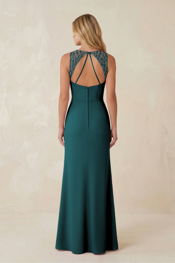 Round Neck Sheath Chiffon Appliqued Bridesmaid Dress in Pine - KissProm Bridesmaid Dresses
