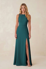 Round Neck Sheath Chiffon Appliqued Bridesmaid Dress in Pine - KissProm Bridesmaid Dresses