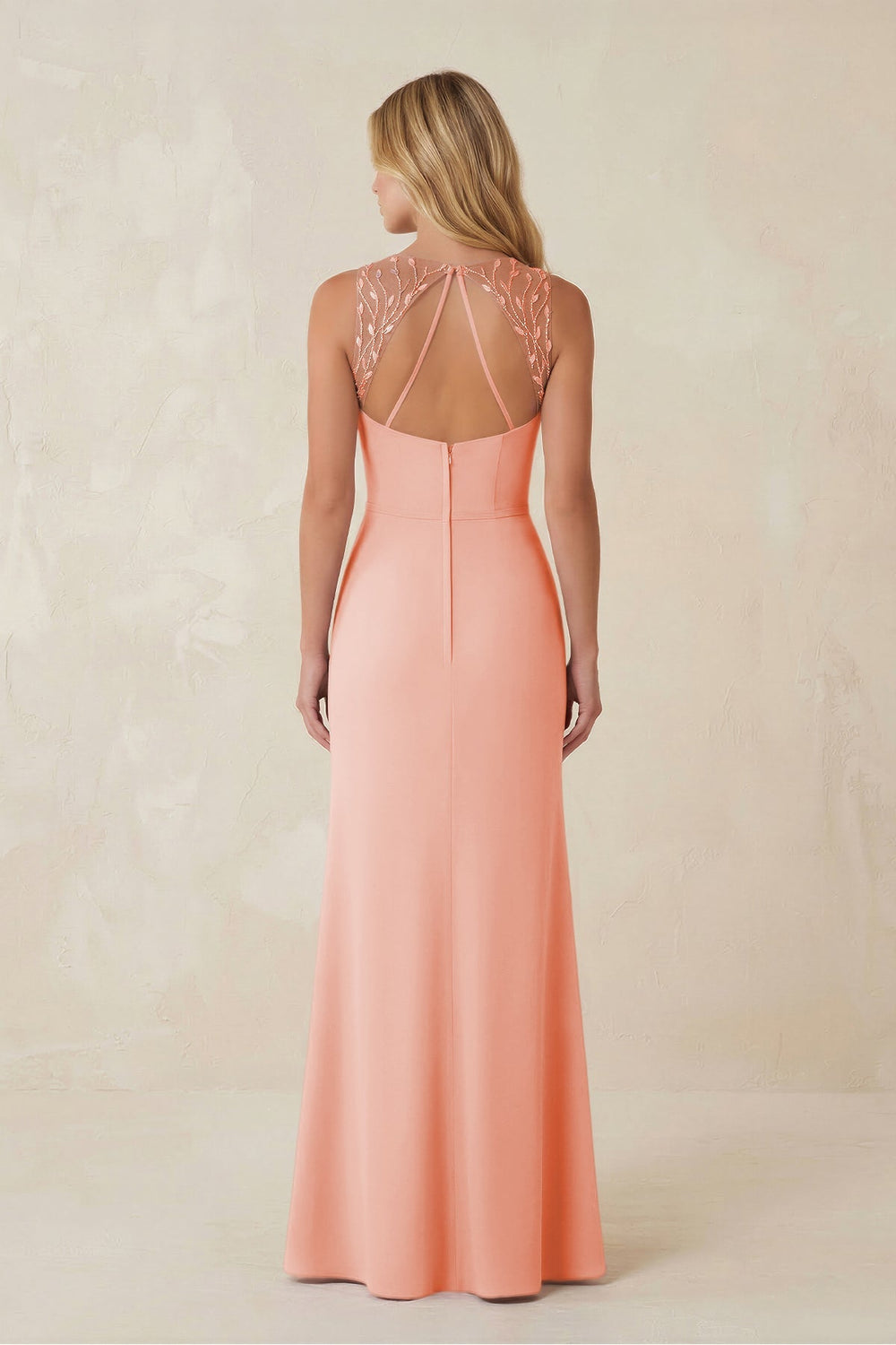 Round Neck Sheath Chiffon Appliqued Bridesmaid Dress in Rose Petal - KissProm Bridesmaid Dresses