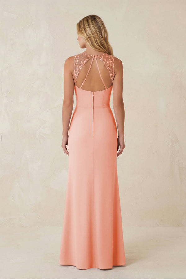 Round Neck Sheath Chiffon Appliqued Bridesmaid Dress in Rose Petal - KissProm Bridesmaid Dresses
