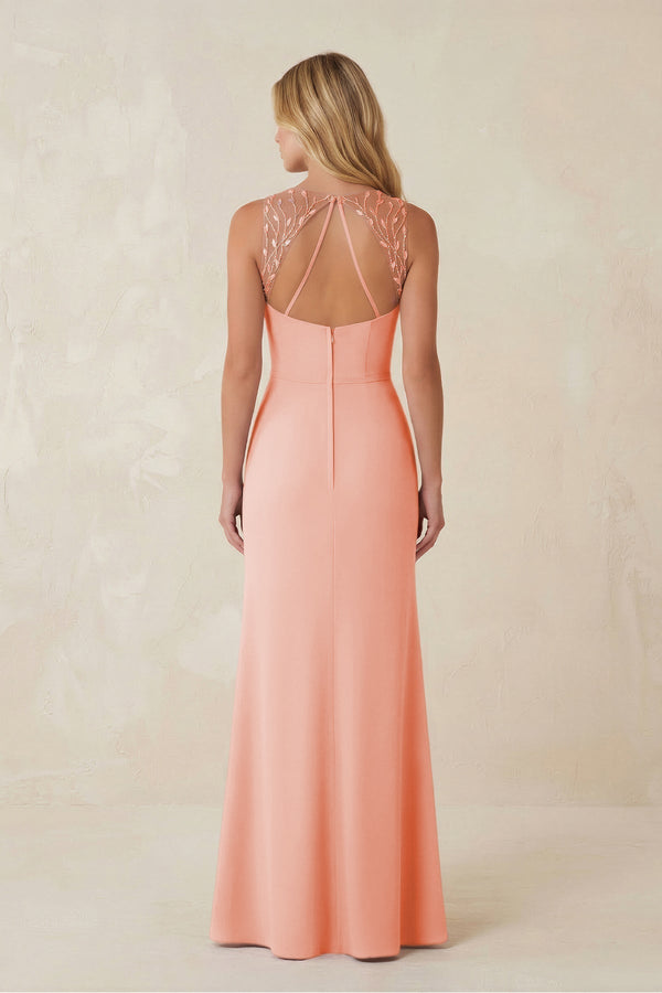 Round Neck Sheath Chiffon Appliqued Bridesmaid Dress in Rose Petal - KissProm Bridesmaid Dresses