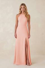 Round Neck Sheath Chiffon Appliqued Bridesmaid Dress in Rose Petal - KissProm Bridesmaid Dresses