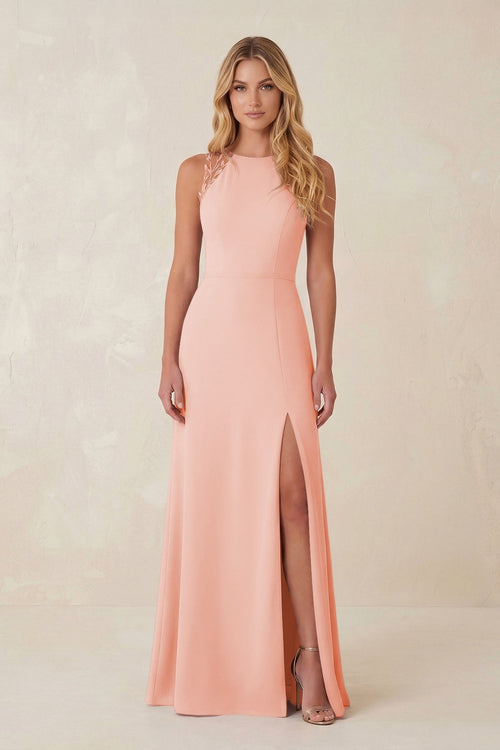 Round Neck Sheath Chiffon Appliqued Bridesmaid Dress in Rose Petal - KissProm Bridesmaid Dresses