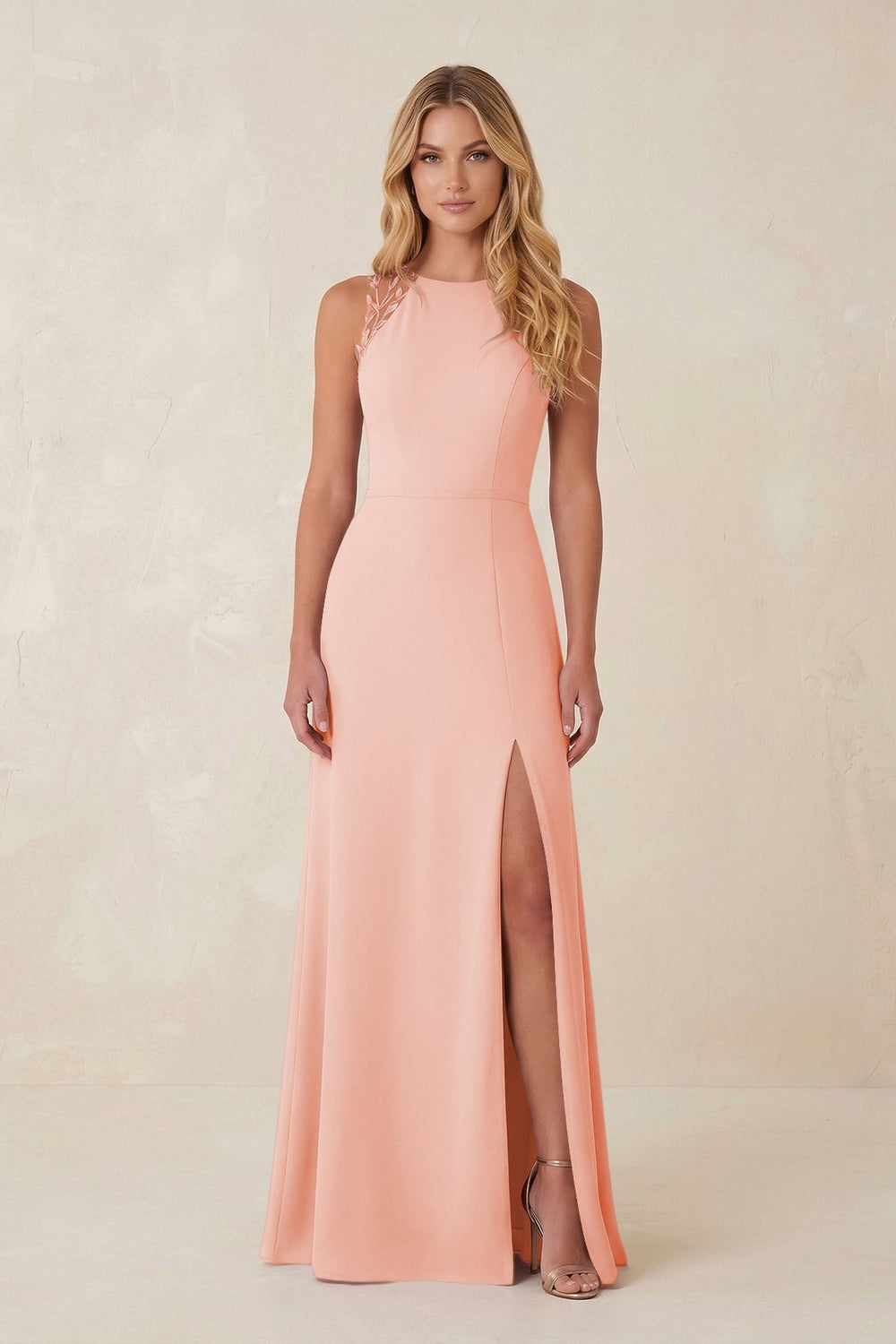 Round Neck Sheath Chiffon Appliqued Bridesmaid Dress in Rose Petal - KissProm Bridesmaid Dresses