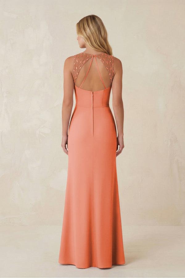 Round Neck Sheath Chiffon Appliqued Bridesmaid Dress in Rosette - KissProm Bridesmaid Dresses