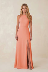 Round Neck Sheath Chiffon Appliqued Bridesmaid Dress in Rosette - KissProm Bridesmaid Dresses