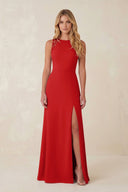 Round Neck Sheath Chiffon Appliqued Bridesmaid Dress in Ruby Red - KissProm Bridesmaid Dresses
