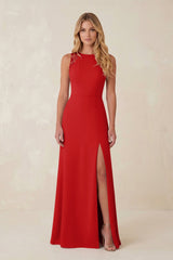 Round Neck Sheath Chiffon Appliqued Bridesmaid Dress in Ruby Red - KissProm Bridesmaid Dresses