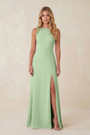 Round Neck Sheath Chiffon Appliqued Bridesmaid Dress in Sage - KissProm Bridesmaid Dresses