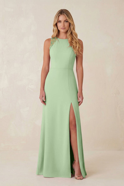 Round Neck Sheath Chiffon Appliqued Bridesmaid Dress in Sage - KissProm Bridesmaid Dresses
