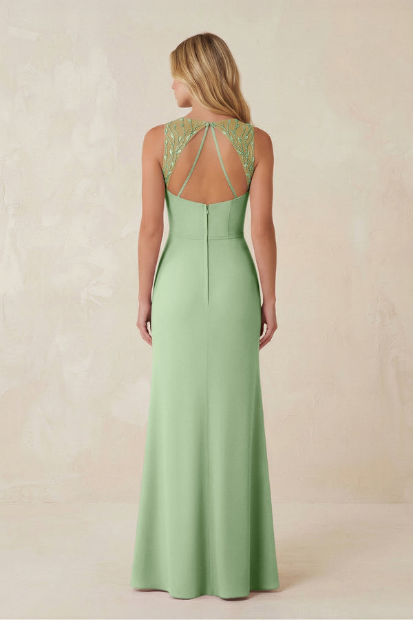 Round Neck Sheath Chiffon Appliqued Bridesmaid Dress in Sage - KissProm Bridesmaid Dresses