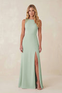 Round Neck Sheath Chiffon Appliqued Bridesmaid Dress in Sage - KissProm Bridesmaid Dresses